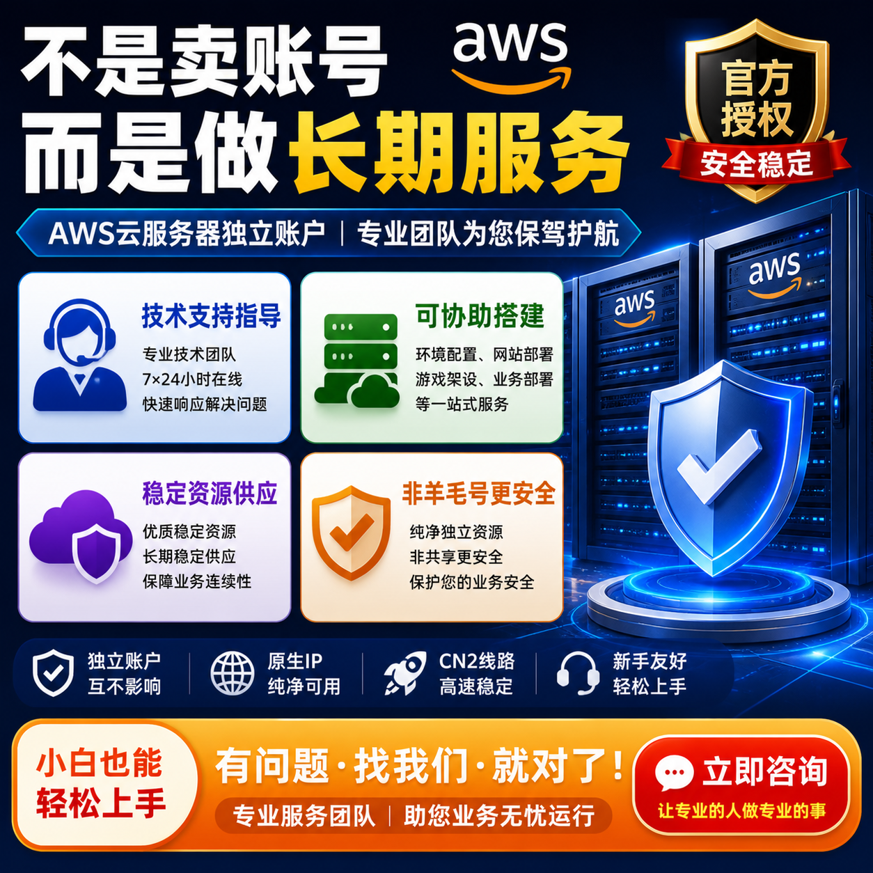 不止是AWS账号：官方授权独立账户含$7 \times 24$技术支持，非羊毛号保障业务安全